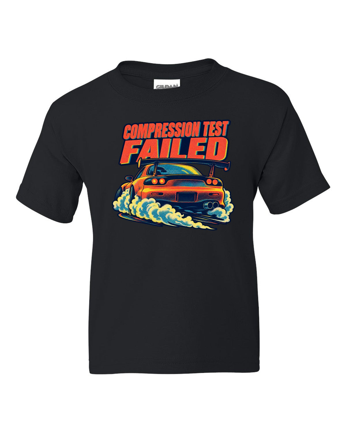 Risograph spot-colour rear view of a Mazda RX-7 FD3S with glowing taillights black kids tee front view with the design