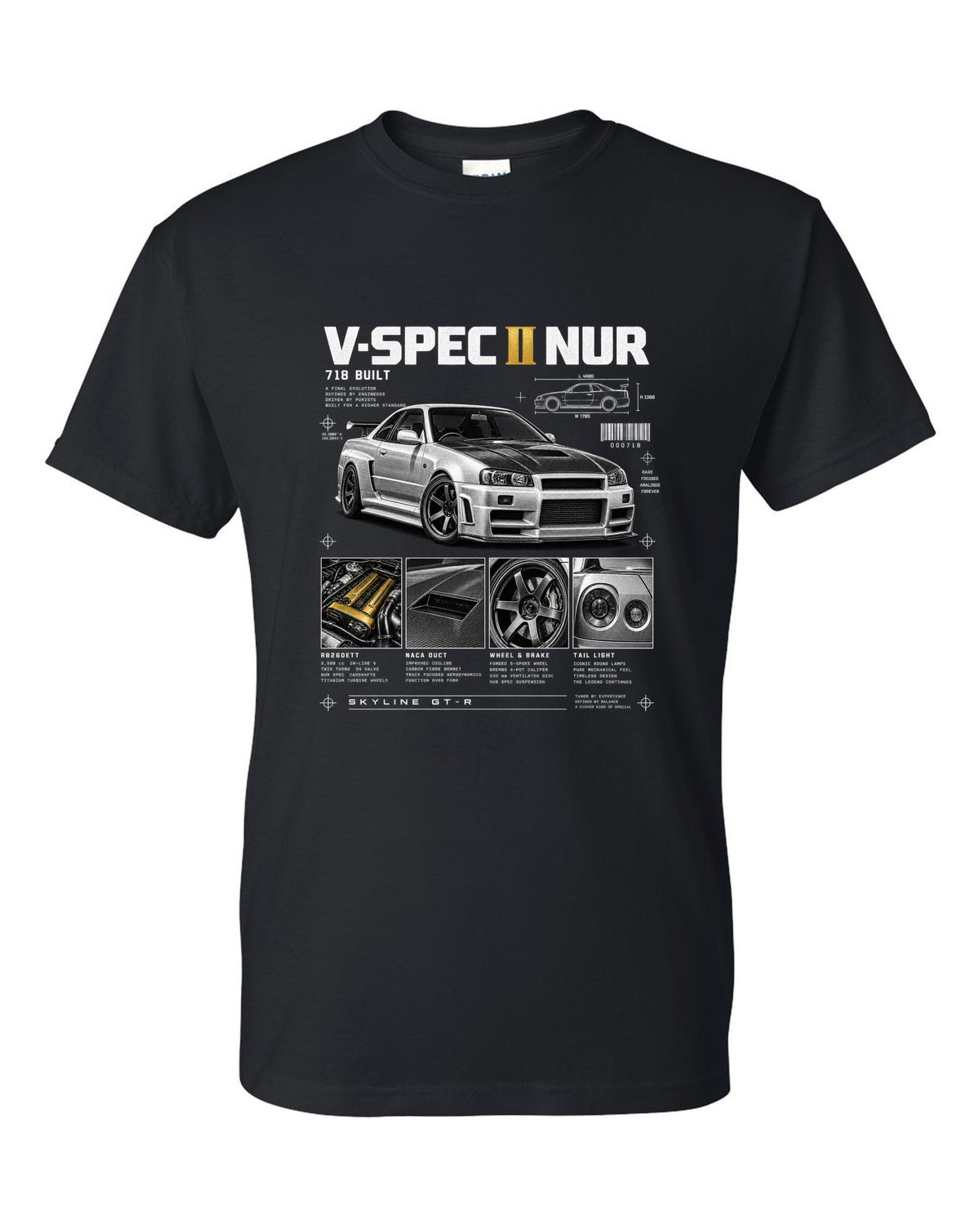 Dossier panels of a Nissan Skyline GT-R R34 V-Spec II Nur with 718 built and gold cam covers lettering black t-shirt front view with the design