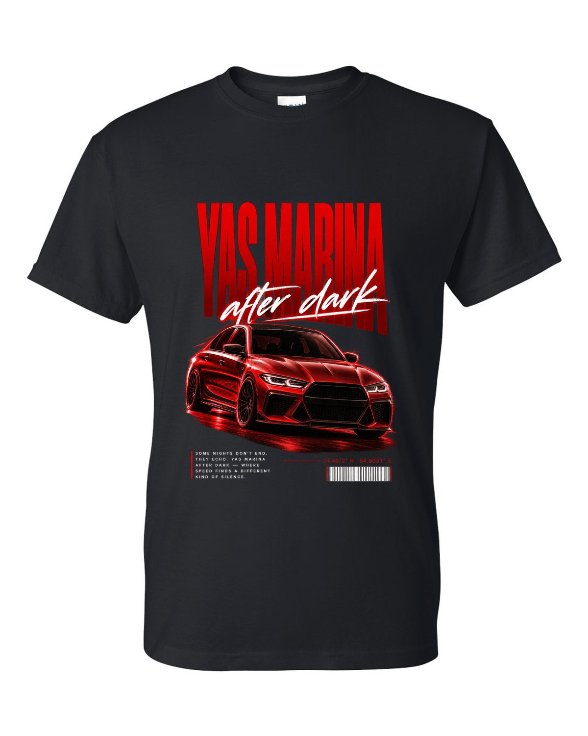BMW F80 M3 sedan night street poster print with Yas Marina lettering black t-shirt front view with the design