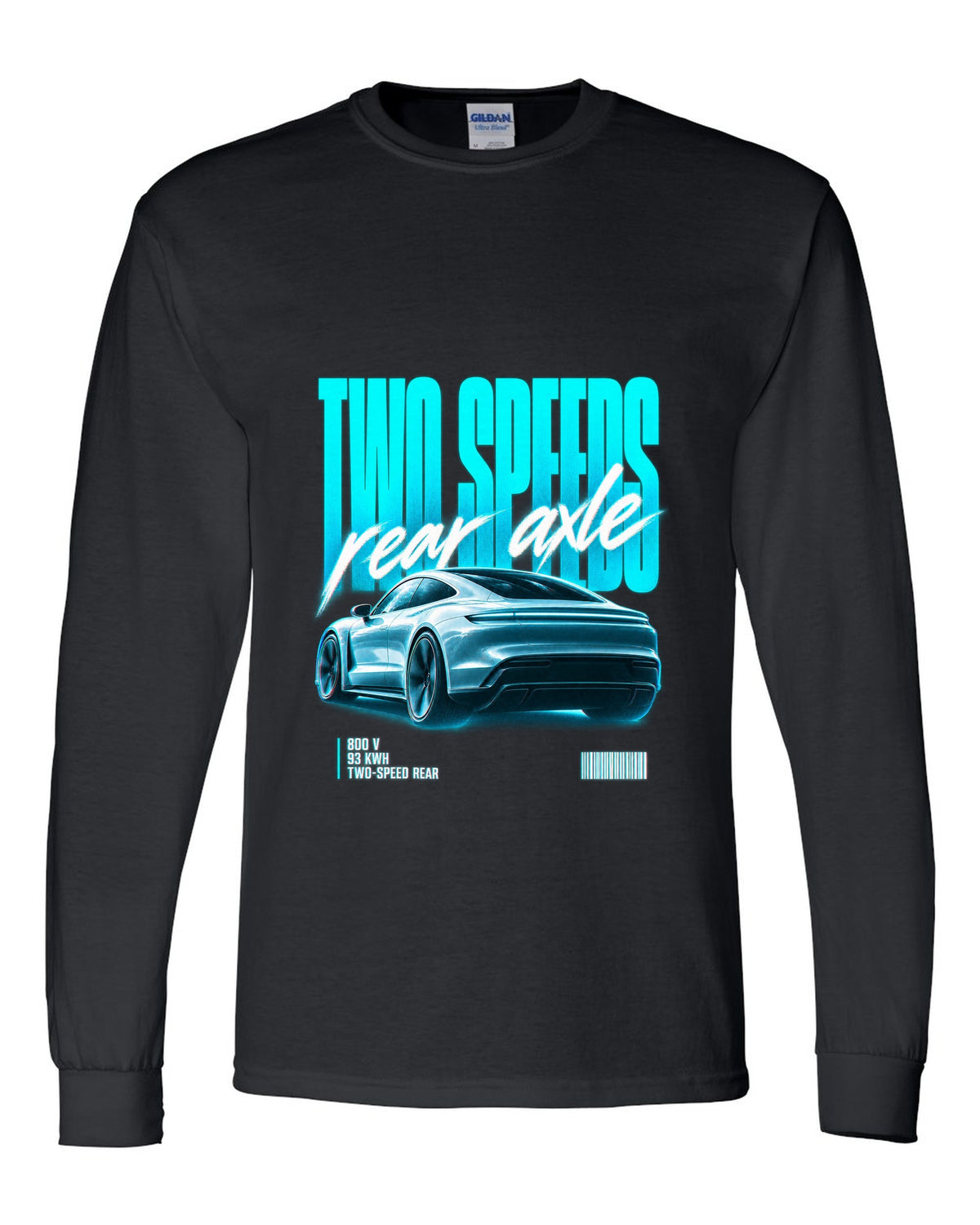 Audi e-tron GT 2021 rear three-quarter street poster with two speeds text black long sleeve front view with the design