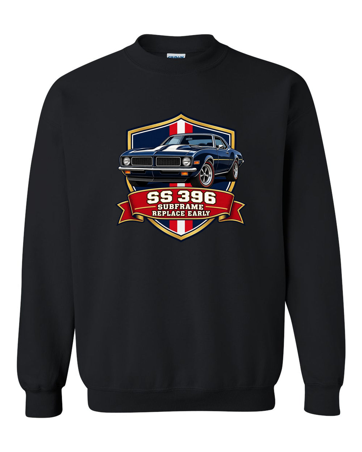 1968 Camaro SS 396 in a varsity shield design with text SS 396 Subframe Replace Early black crewneck front view with the design