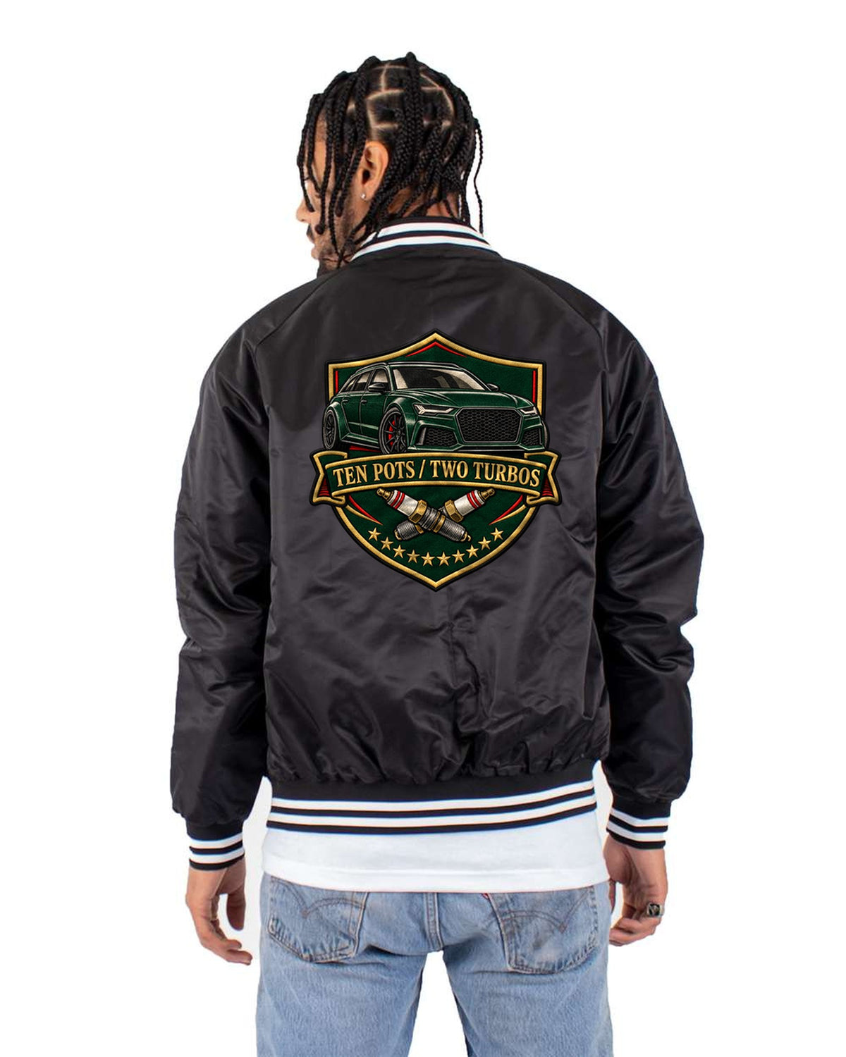 Audi RS6 Avant C6 4F Varsity Crest Shirt, Ten Pots Two Turbos Bomber Jacket Black back