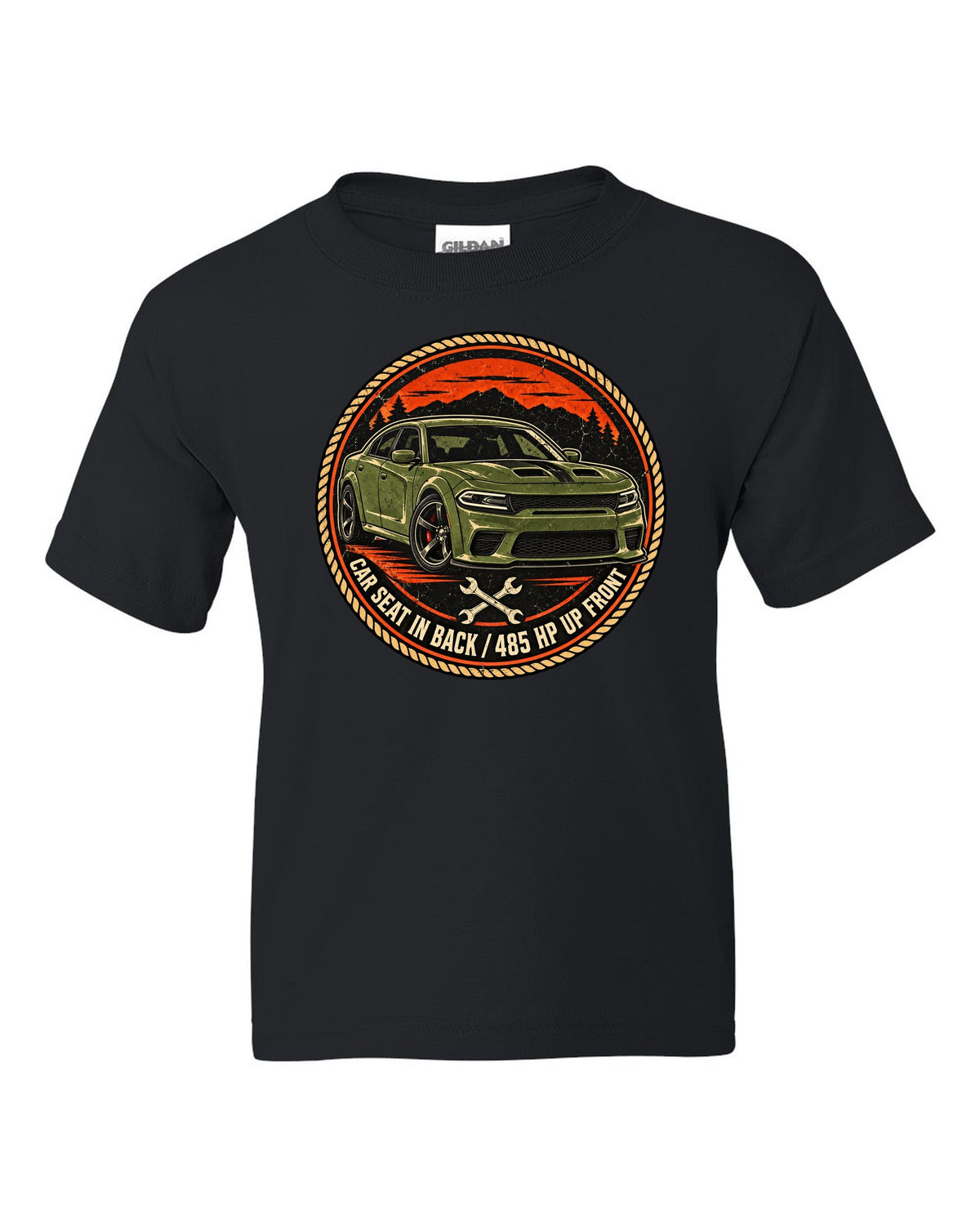 Vintage mechanic roundel patch design of a 2018 Dodge Charger Scat Pack with car seat caption black kids tee front view with the design