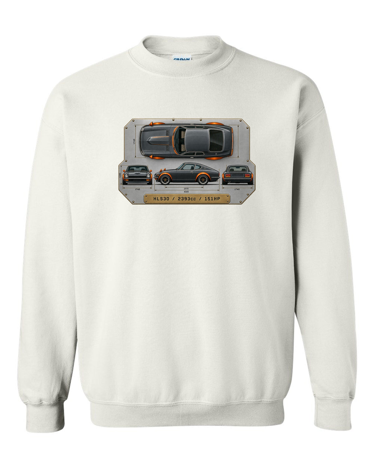 Top-down spec plate print of a Datsun 240Z HLS30 with 2393cc and 151HP white crewneck front view with the design