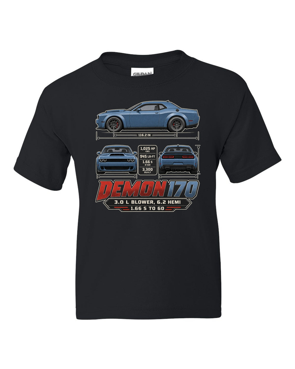 Dodge Challenger SRT Demon 170 dimension blueprint print black kids tee front view with the design