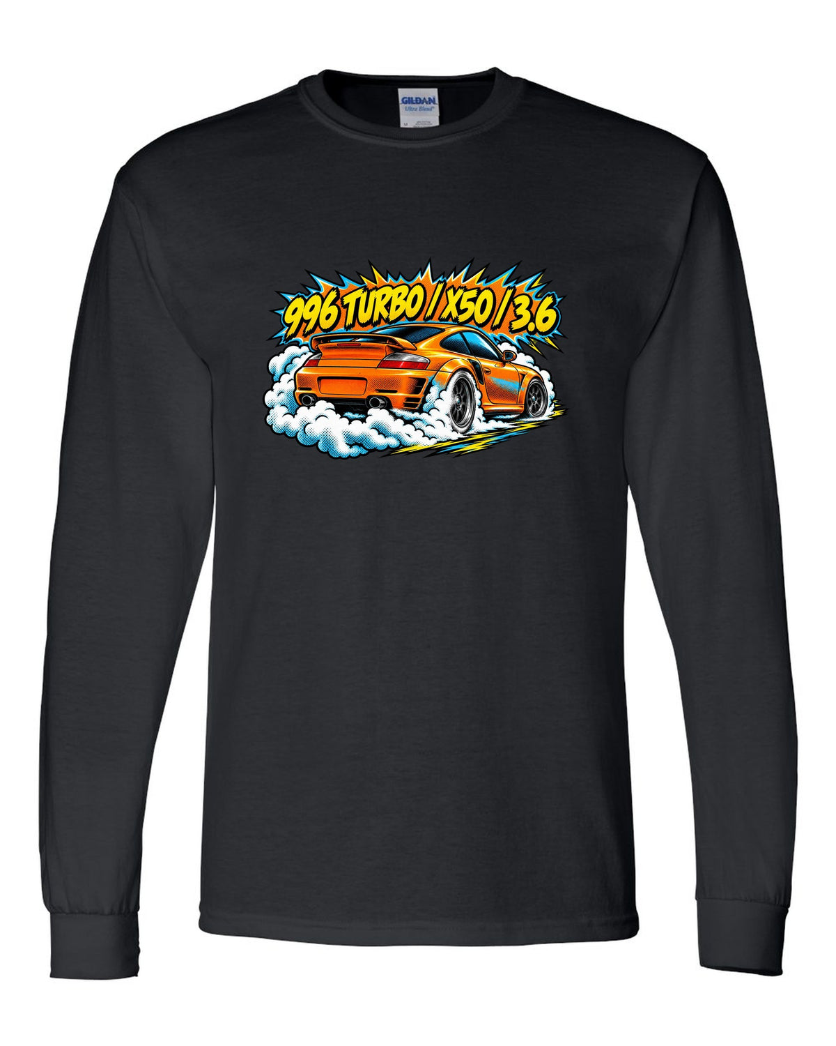 Porsche 996 Turbo comic halftone burnout burst design with X50 lettering black long sleeve front view with the design
