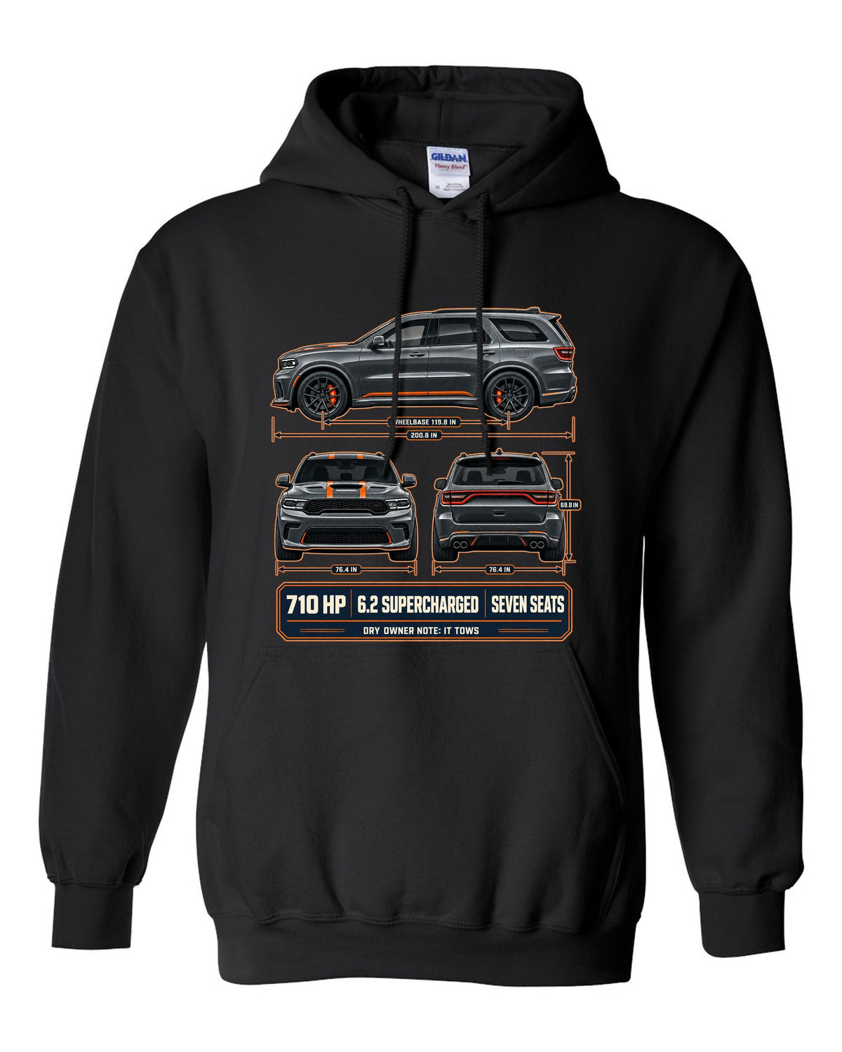Dodge Durango SRT Hellcat 2021 three-view drawing with spec table print black pull over hoodie front view with the design