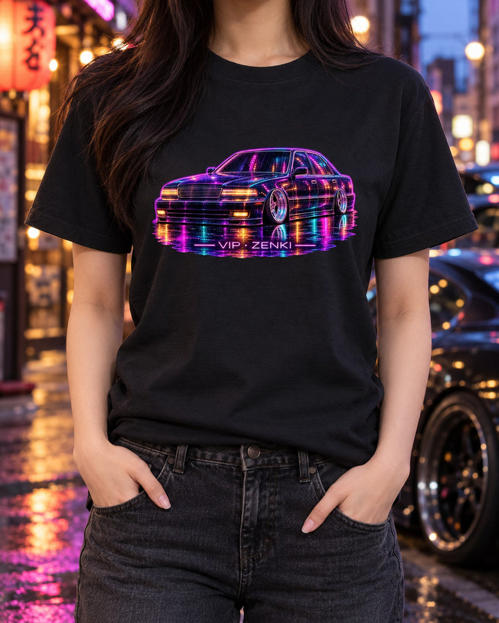VIP Style Slammed Sedan Shirt, Neon Rain Reflections Print T-Shirt Black worn hero