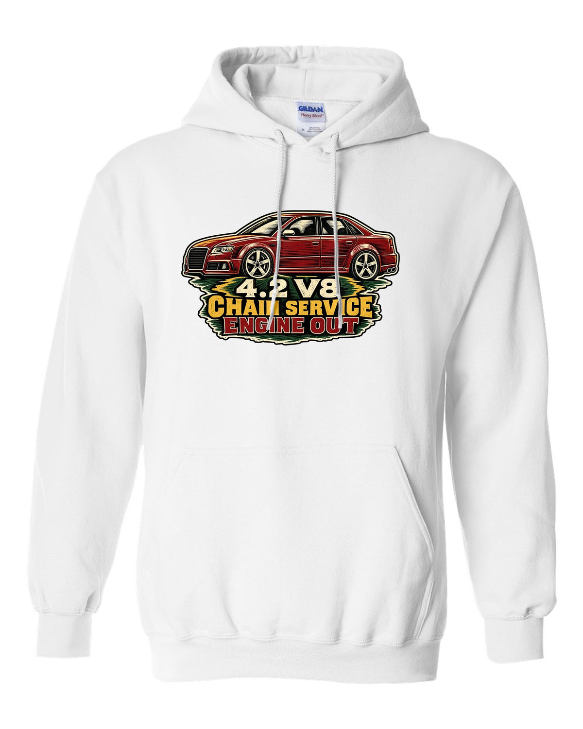 Linocut style print of an Audi S4 B7 sedan with 4.2 V8 chain service text white pull over hoodie front view with the design