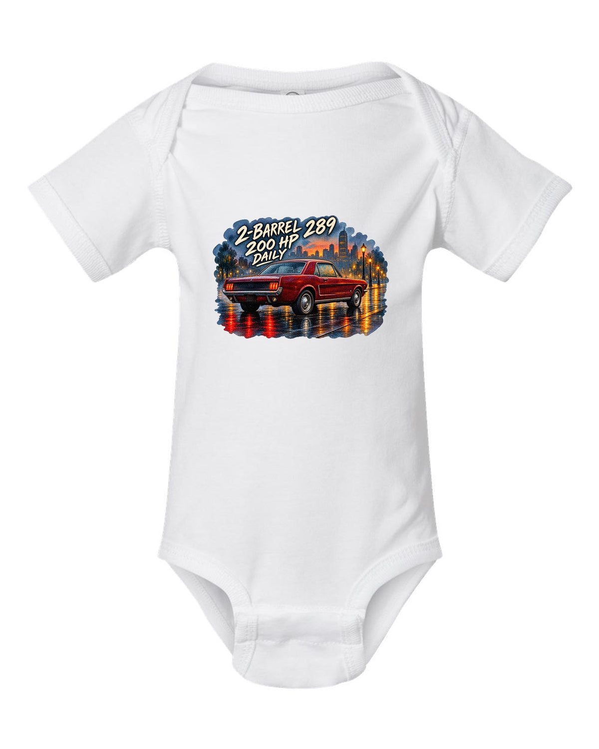 Watercolour wet-road night print of a 1965 Ford Mustang coupe with 2-barrel 289 text white baby onesie front view with the design