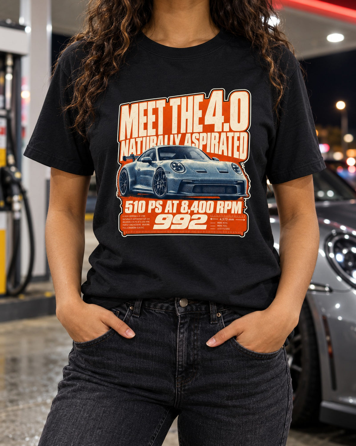 Porsche 992 GT3 Halftone Shirt, Naturally Aspirated 4.0 Tee T-Shirt Black worn hero