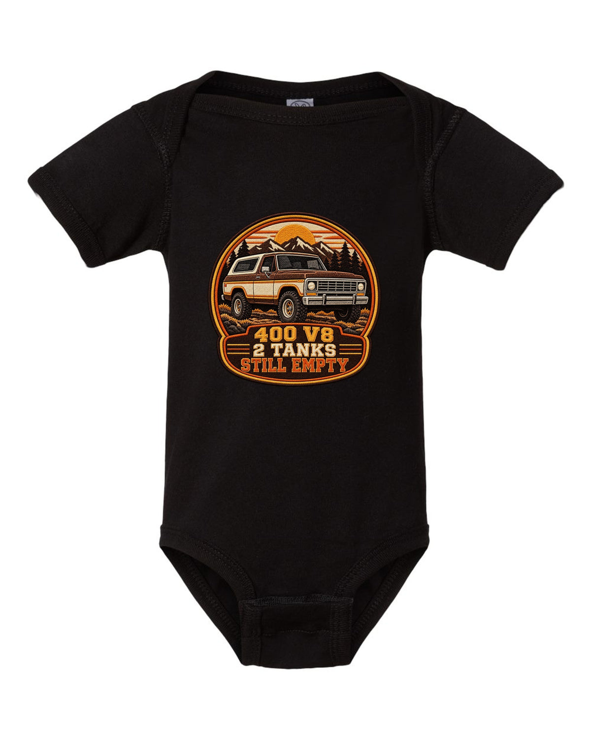 Varsity crest print for a 1978-79 full-size Ford Bronco with 400 V8 and two tanks text black baby onesie front view with the design