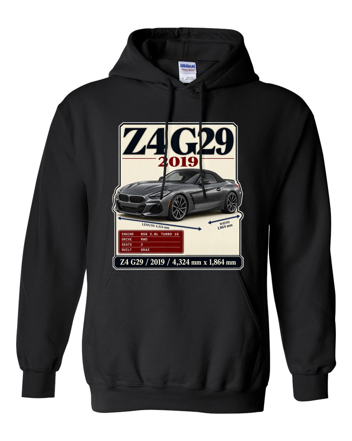 Archive plate print of the BMW Z4 G29 M40i First Edition with 2019 and dimensions black pull over hoodie front view with the design