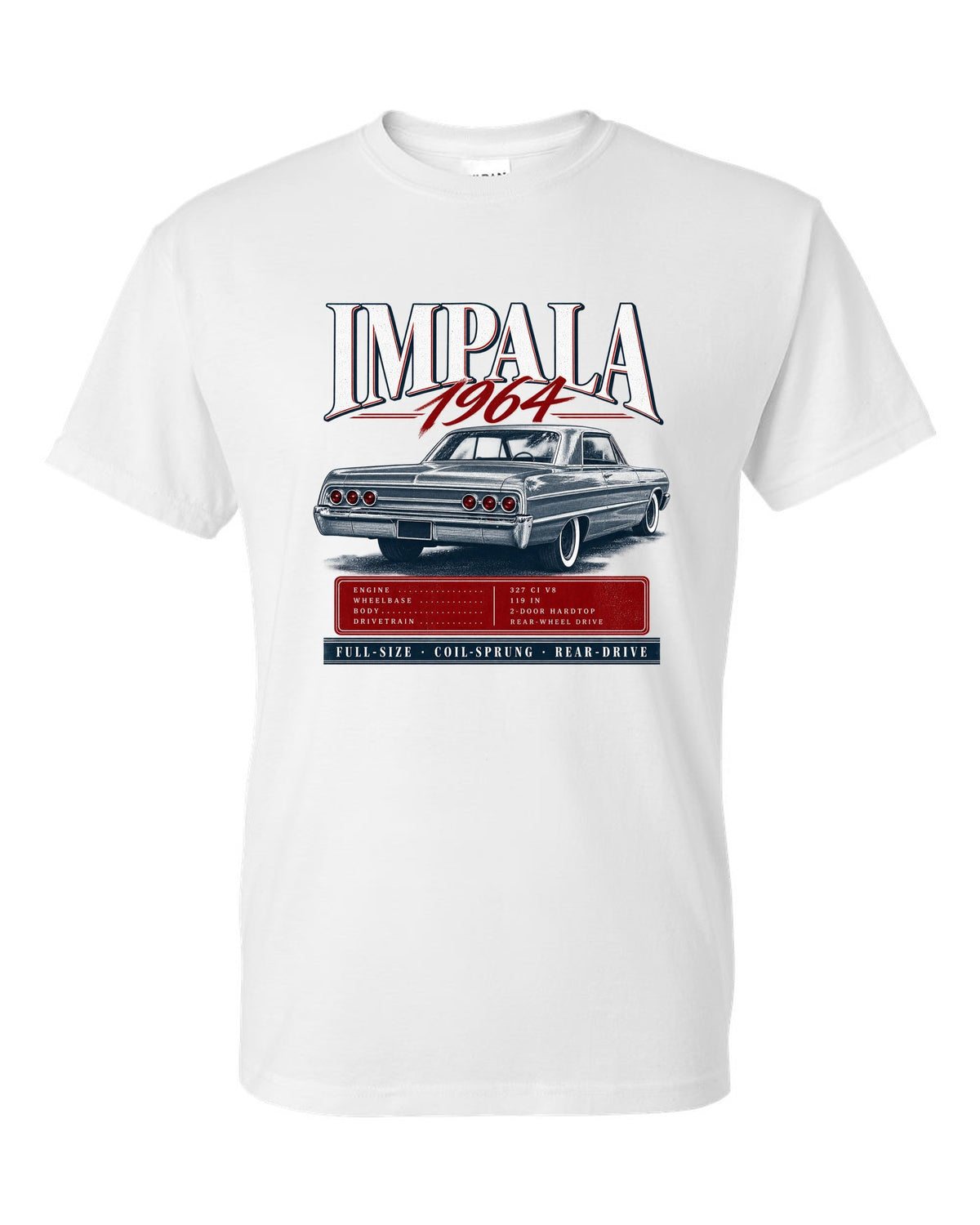 1964 Impala SS B-body rear three-quarter archive panel print white t-shirt front view with the design