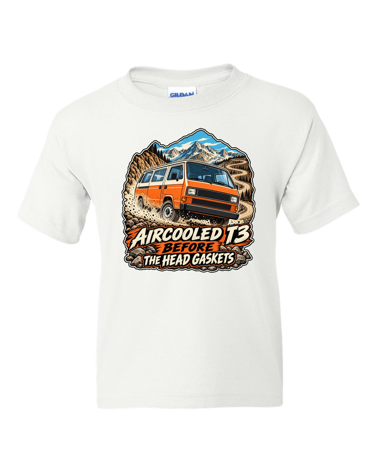 Vintage race poster style VW Vanagon T3 on a dusty pass with aircooled T3 before the head gaskets text white kids tee front view with the design