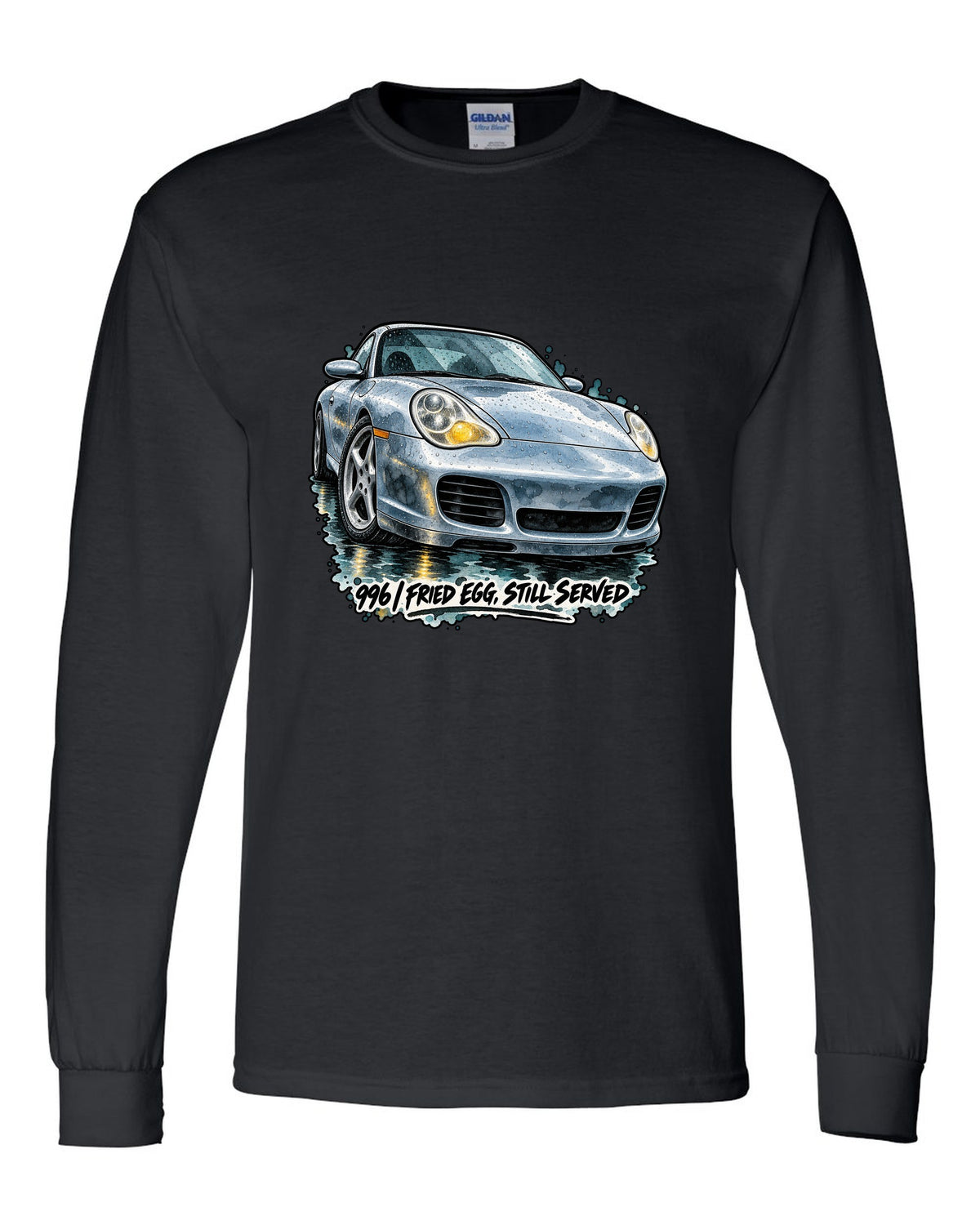 Watercolour ink wash of a Porsche 911 996 on a wet road black long sleeve front view with the design