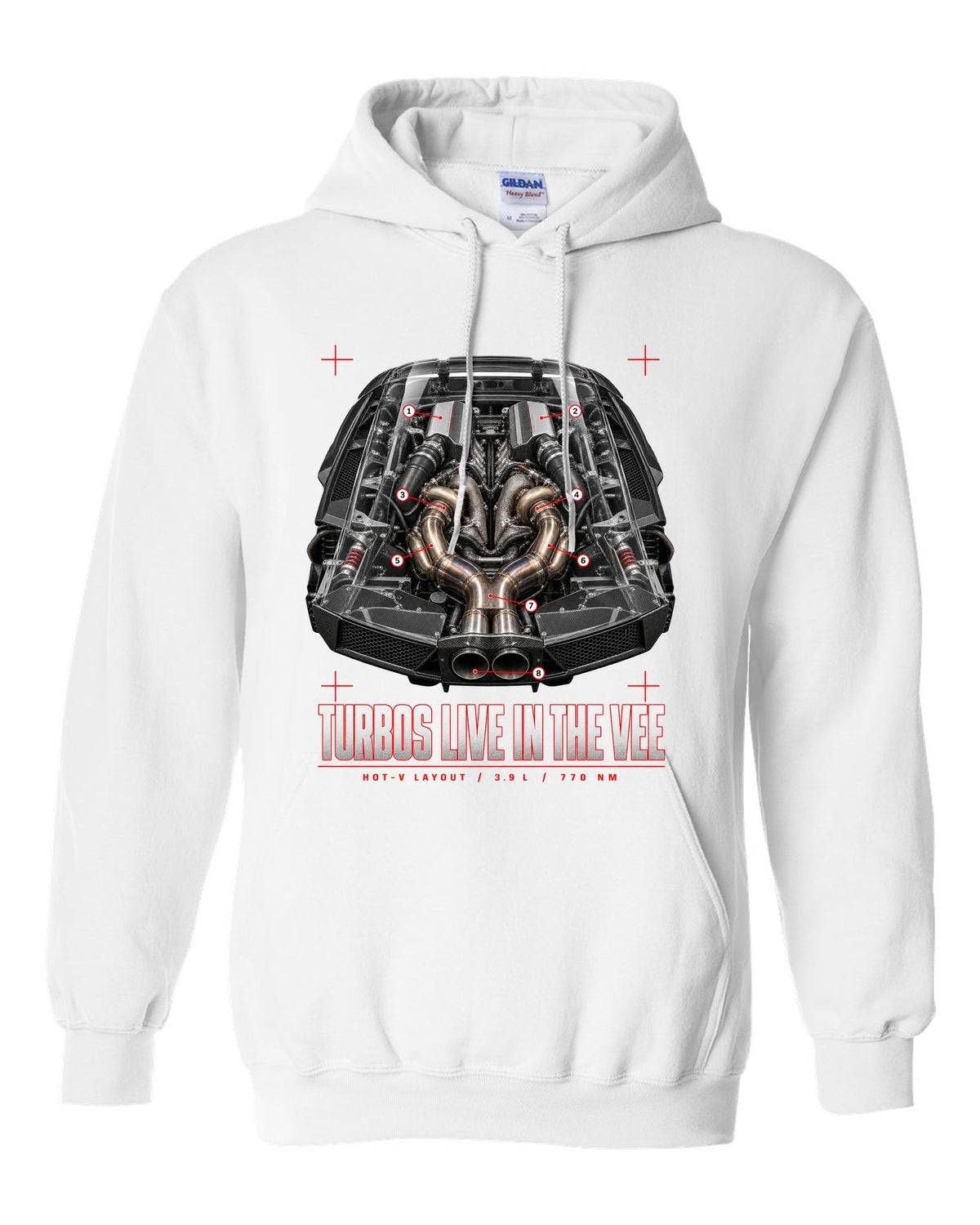 Engine cover callout print of a Ferrari F8 Tributo with hot-V layout, 3.9 L and 770 Nm white pull over hoodie front view with the design