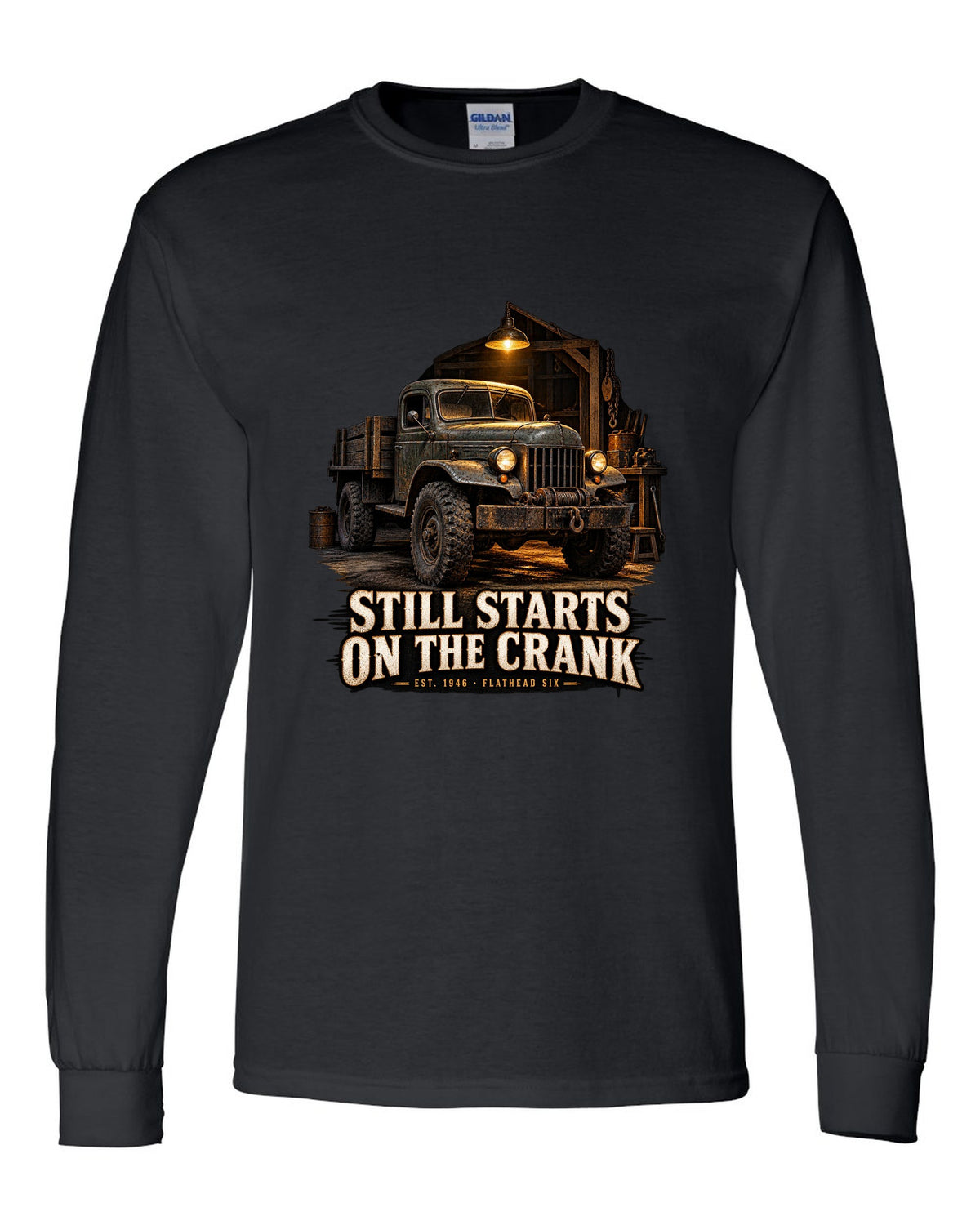 Garage night print of a 1946-1960s Dodge Power Wagon flat fender with starts on the crank text black long sleeve front view with the design