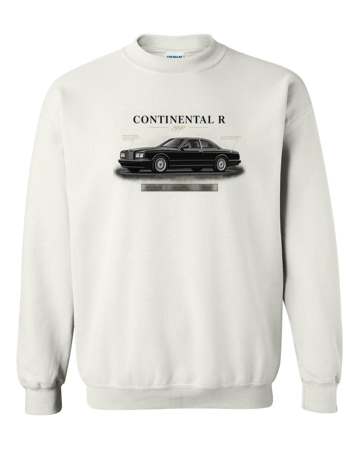 Bentley Continental R 1991 spec poster with 6.75 turbo V8 white crewneck front view with the design