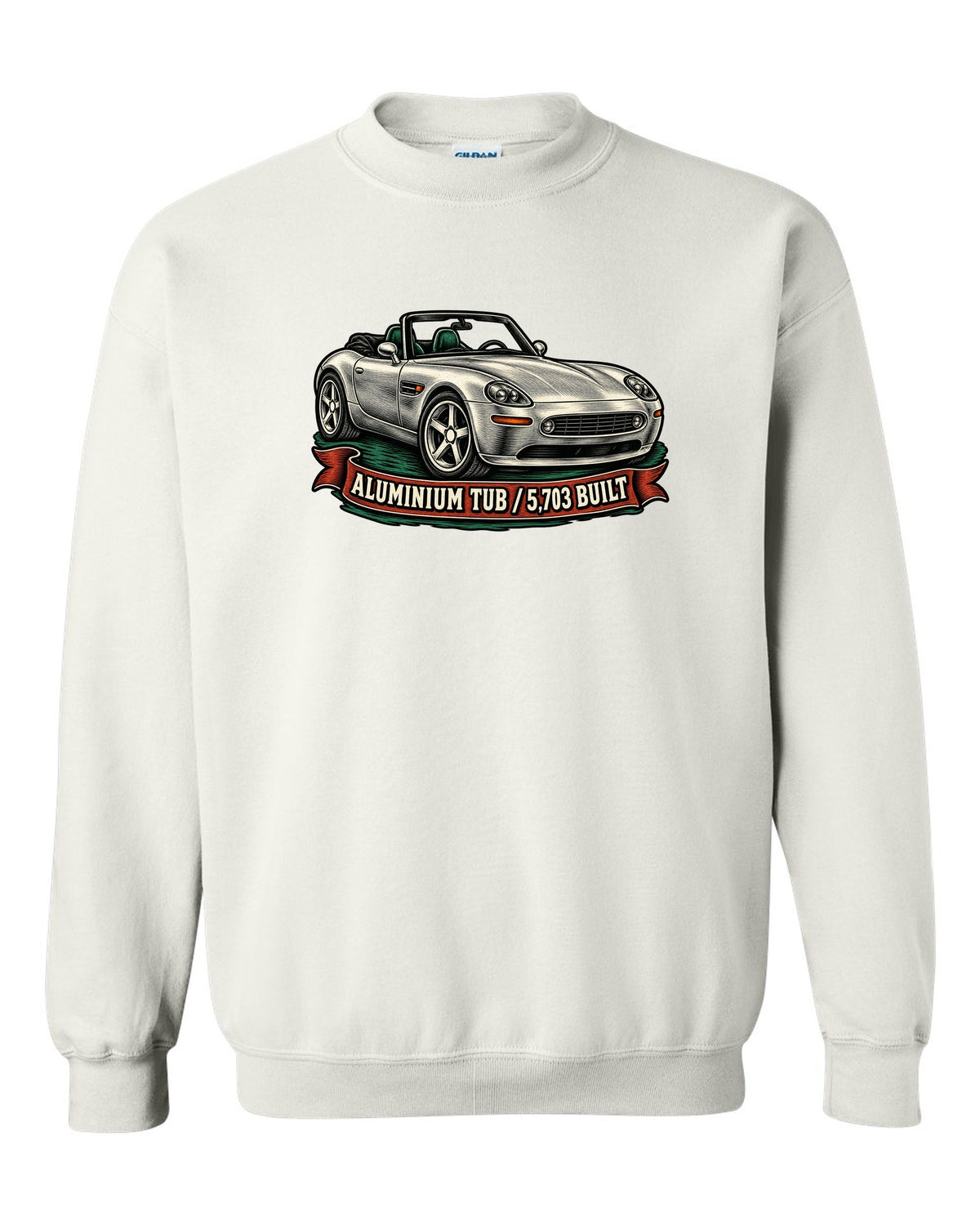 Woodcut linocut-style print of a BMW Z8 E52 roadster with 5,703 built text white crewneck front view with the design