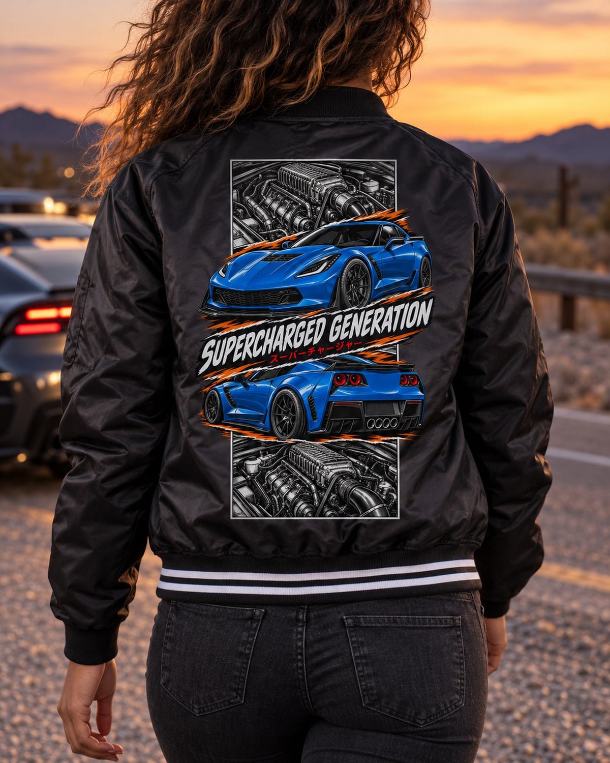 Corvette C7 Z06 Torn Poster Full-Back Graphic Tee Bomber Jacket Black worn hero