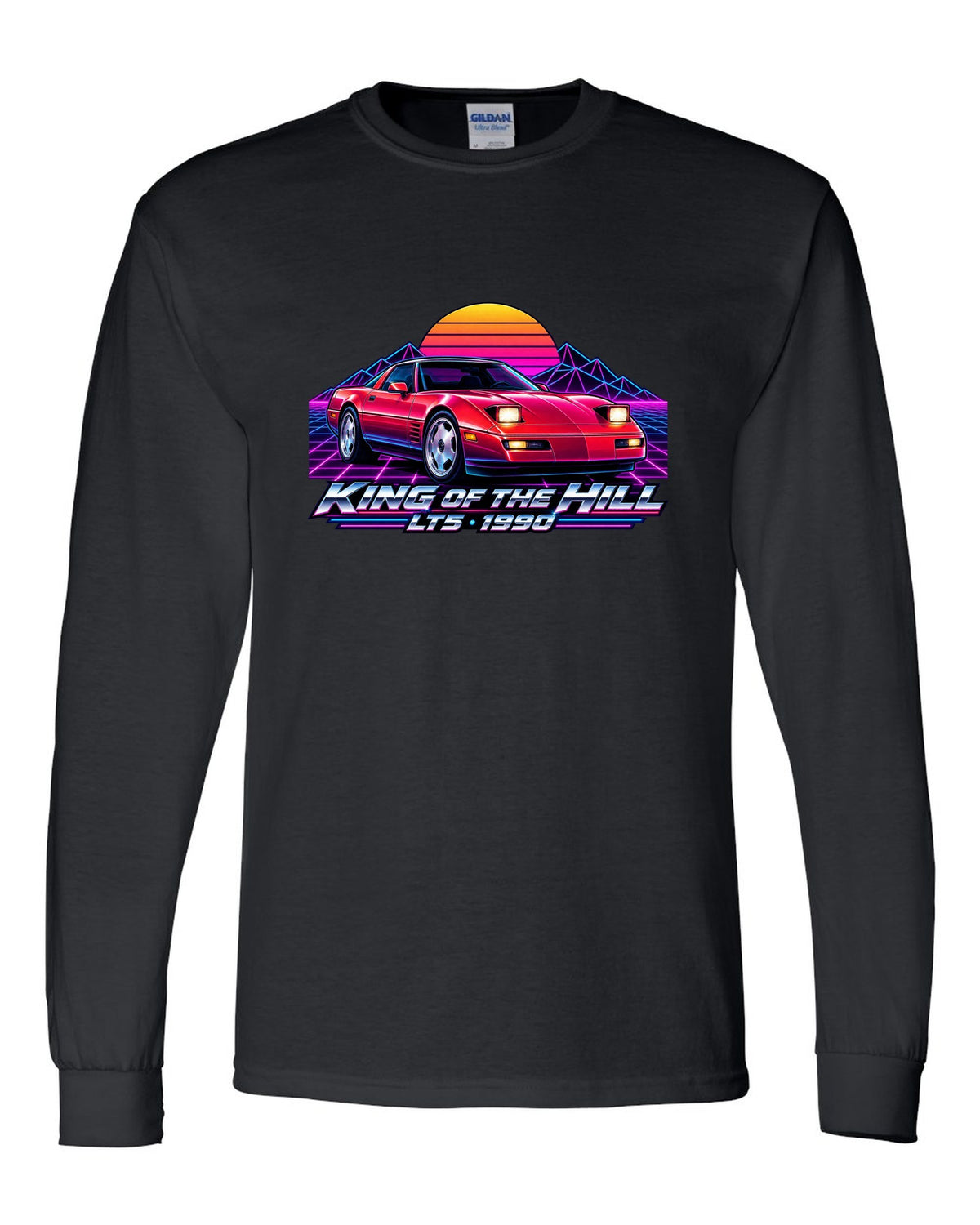 Synthwave neon horizon print of a 1990 Chevrolet Corvette C4 ZR-1 with King of the Hill LT5 lettering black long sleeve front view with the design