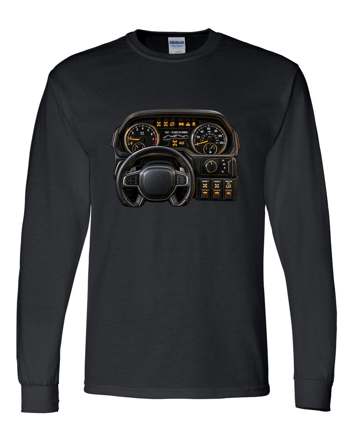 Cockpit gauge print of a Ram 2500 Power Wagon showing locker and sway bar readouts black long sleeve front view with the design