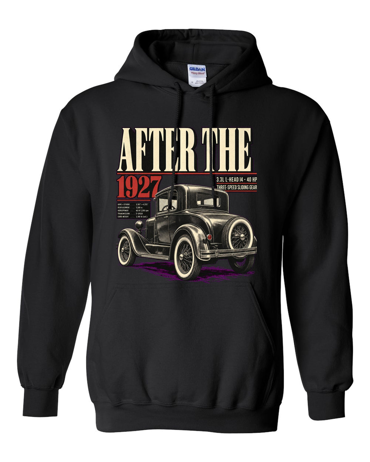 Editorial headline print of a Ford Model A coupe with spec lines black pull over hoodie front view with the design