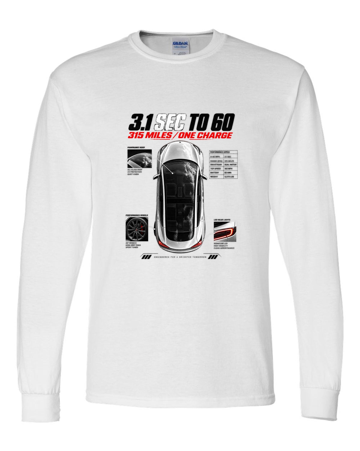 Top-down spec poster print of a Tesla Model 3 Performance with 0-60 and range figures white long sleeve front view with the design