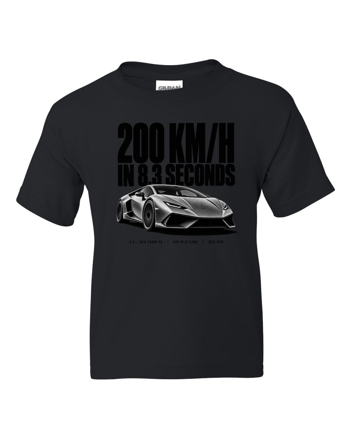 Halftone print of a Ferrari 488 GTB front three-quarter with the text 200 km/h in 8.3 seconds black kids tee front view with the design