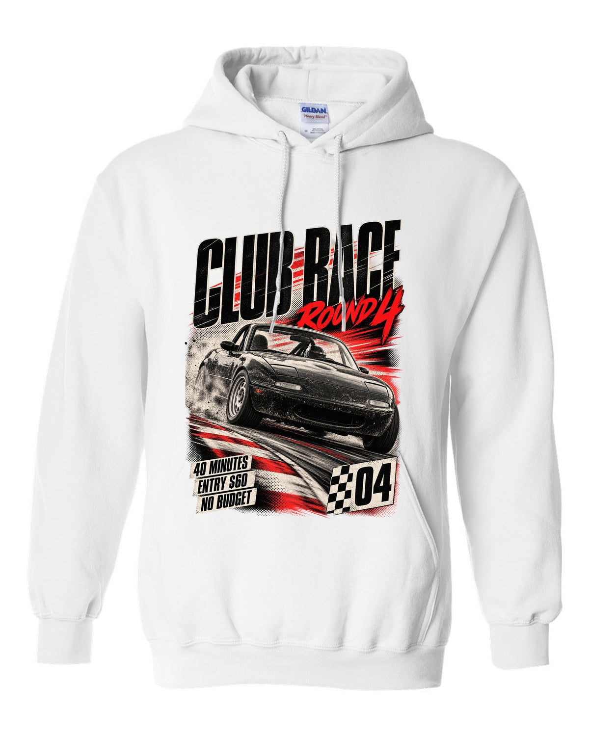 Race poster print for the Mazda MX-5 NA 1989-97 reading club race round 4, 40 minutes, entry $60 white pull over hoodie front view with the design