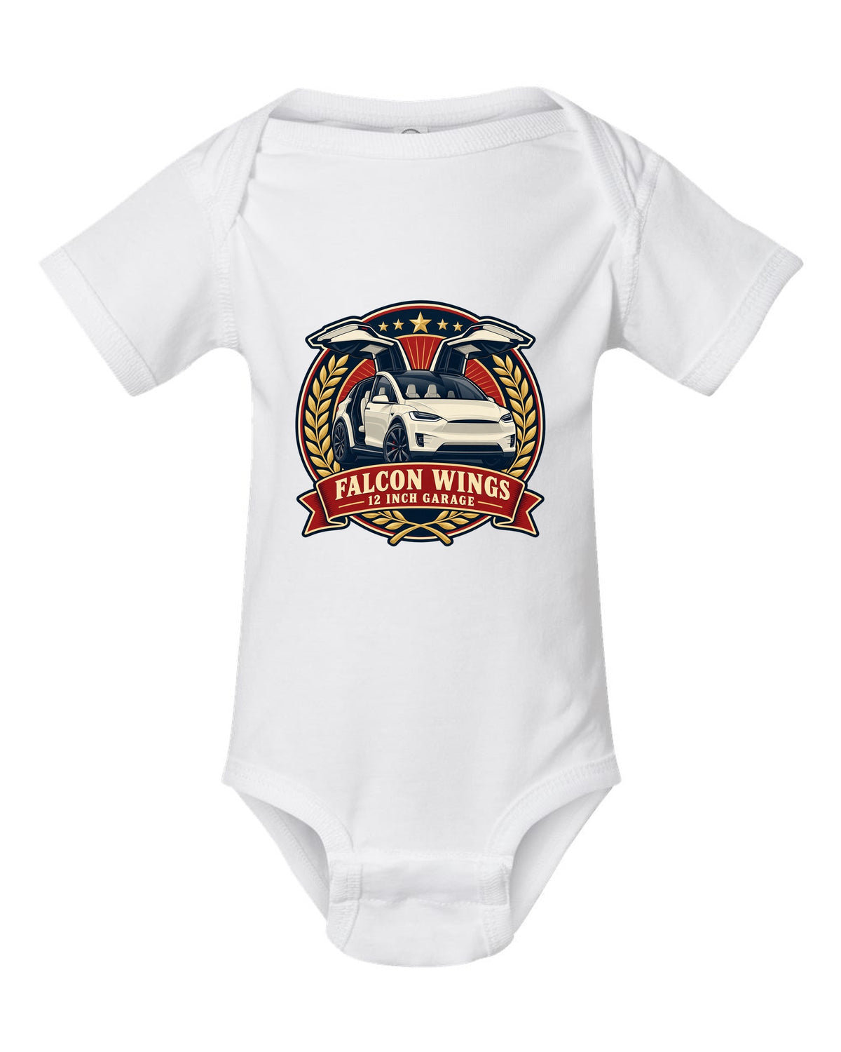 Vintage badge illustration print of a Tesla Model X with falcon wing doors reading Falcon Wings 12 Inch Garage white baby onesie front view with the design