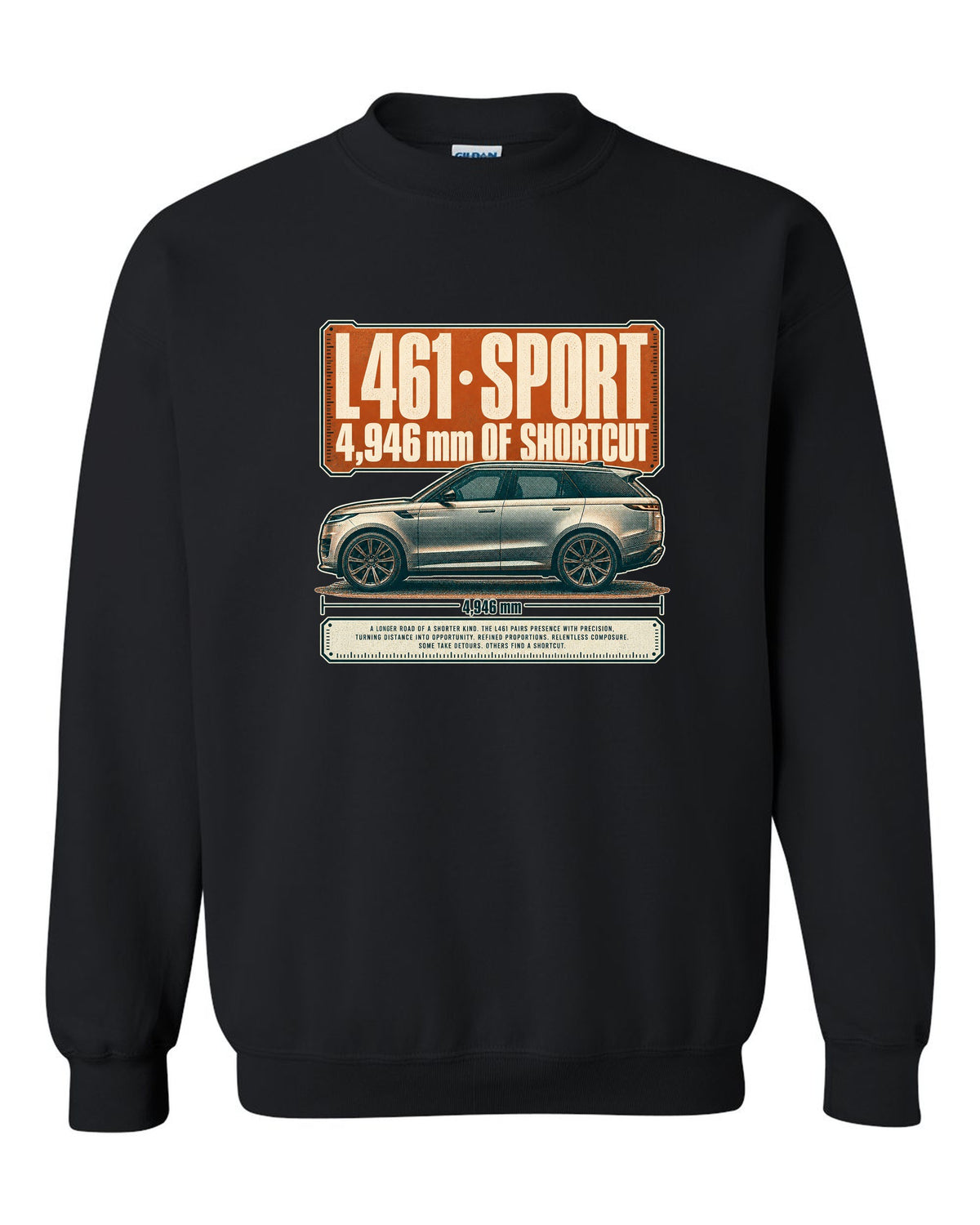 Halftone statement print of the Range Rover Sport L461 with length lettering black crewneck front view with the design