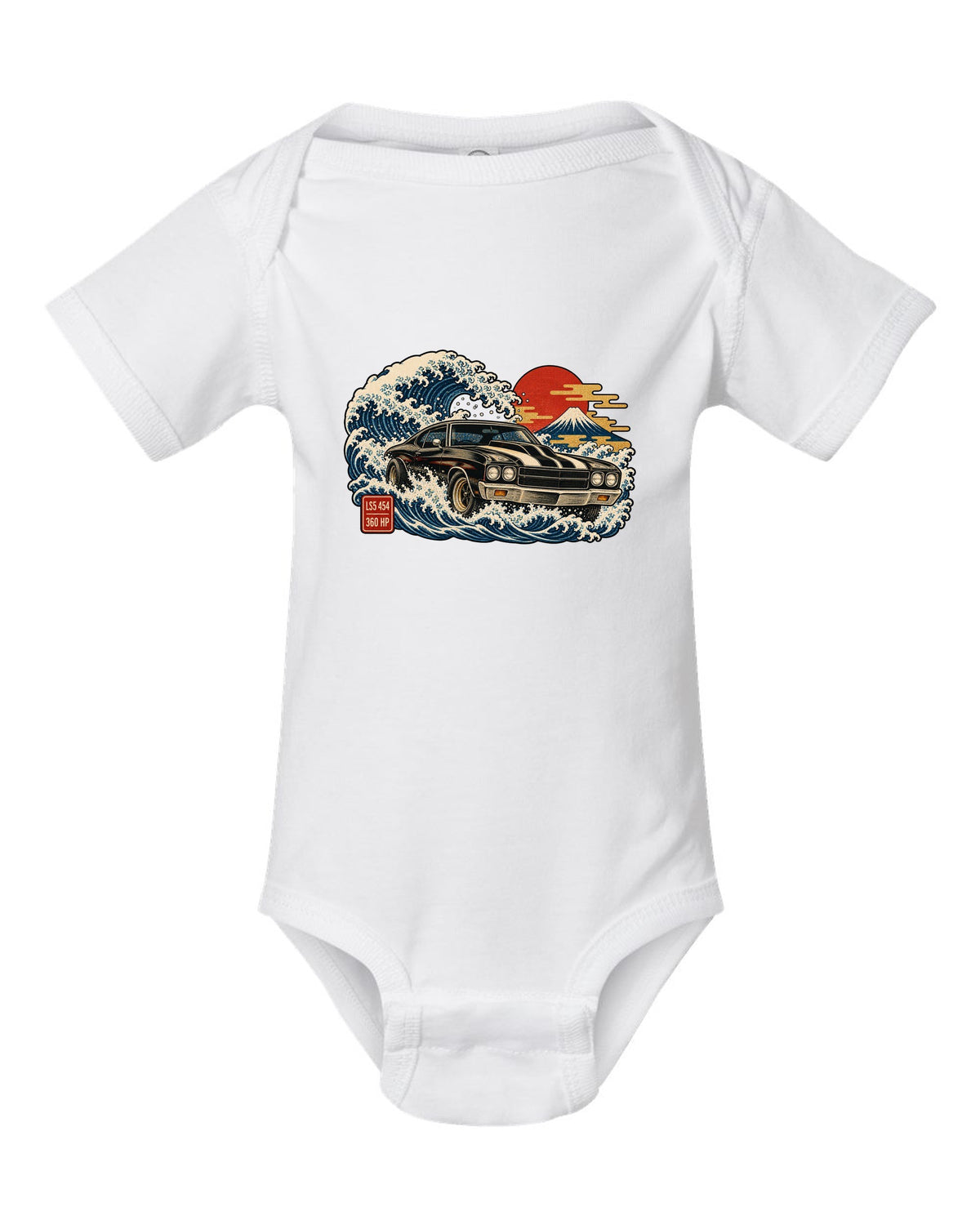 1970 Chevelle SS on a great wave in ukiyo-e woodblock style with text LS5 454 360 HP white baby onesie front view with the design