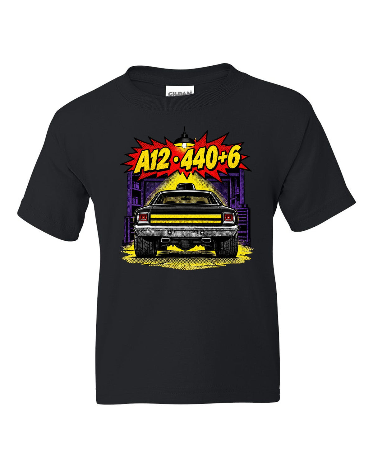 1969 Dodge Coronet Super Bee A12 comic halftone pop-art print with A12 440+6 text black kids tee front view with the design