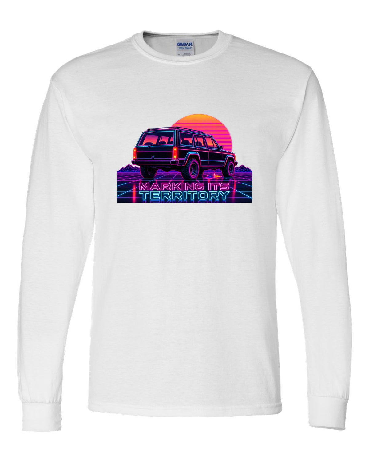 Neon synthwave print of a Jeep Cherokee XJ with the words Marking Its Territory white long sleeve front view with the design