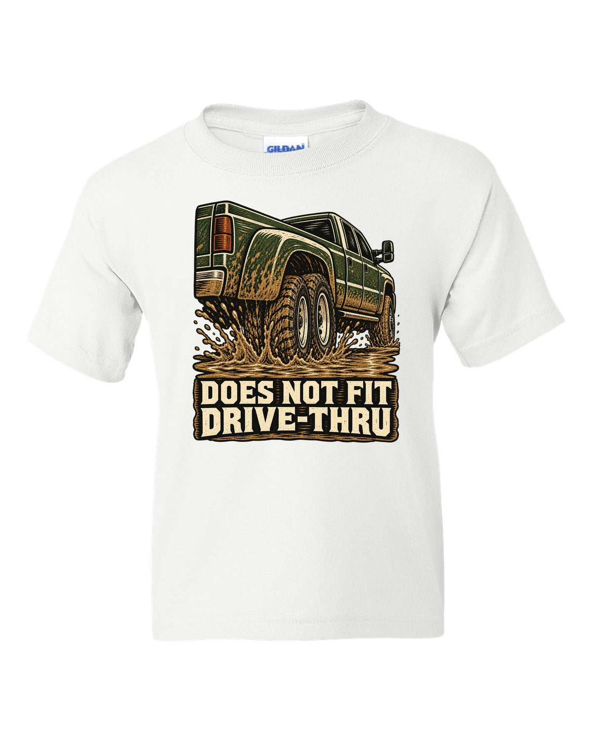Woodcut print of a 1994-1998 Dodge Ram 3500 dually Cummins with drive-thru text white kids tee front view with the design