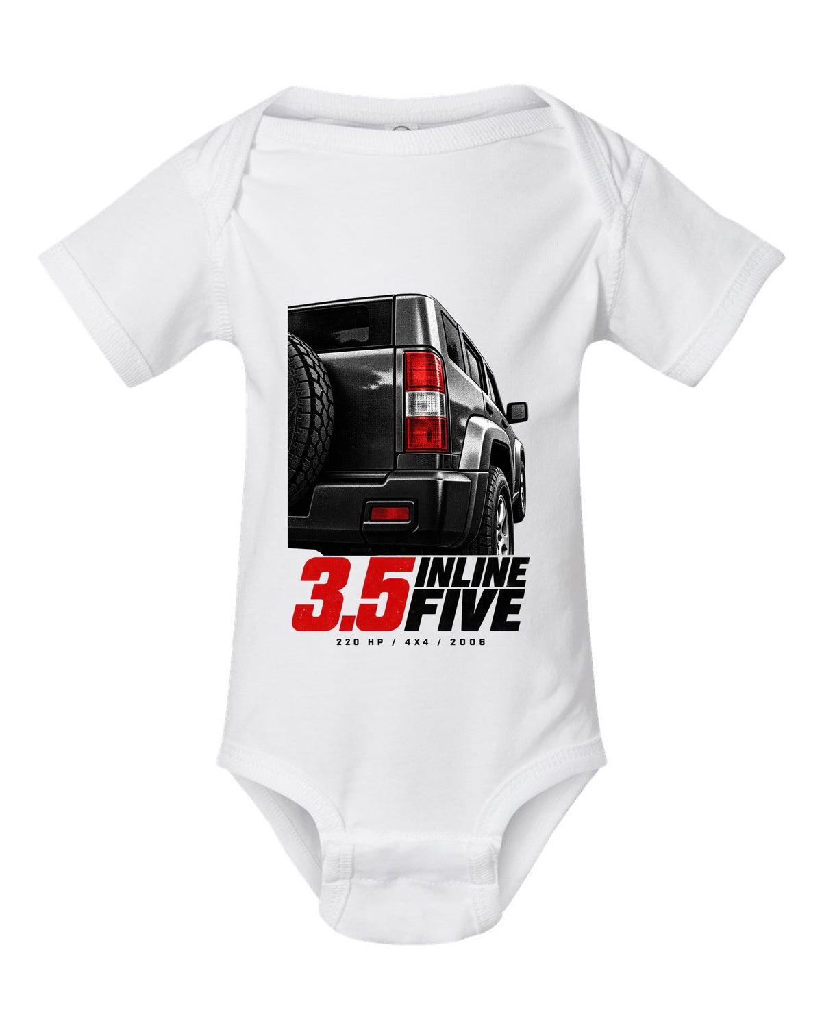 Macro print of a 2006-10 Hummer H3 taillight with engine lettering white baby onesie front view with the design