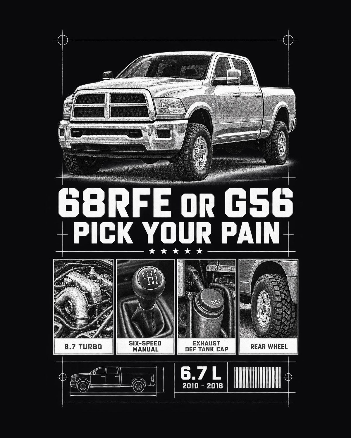 Ram 3500 4th Gen 6.7 Gearbox Dossier Tee, 68RFE or G56 design only