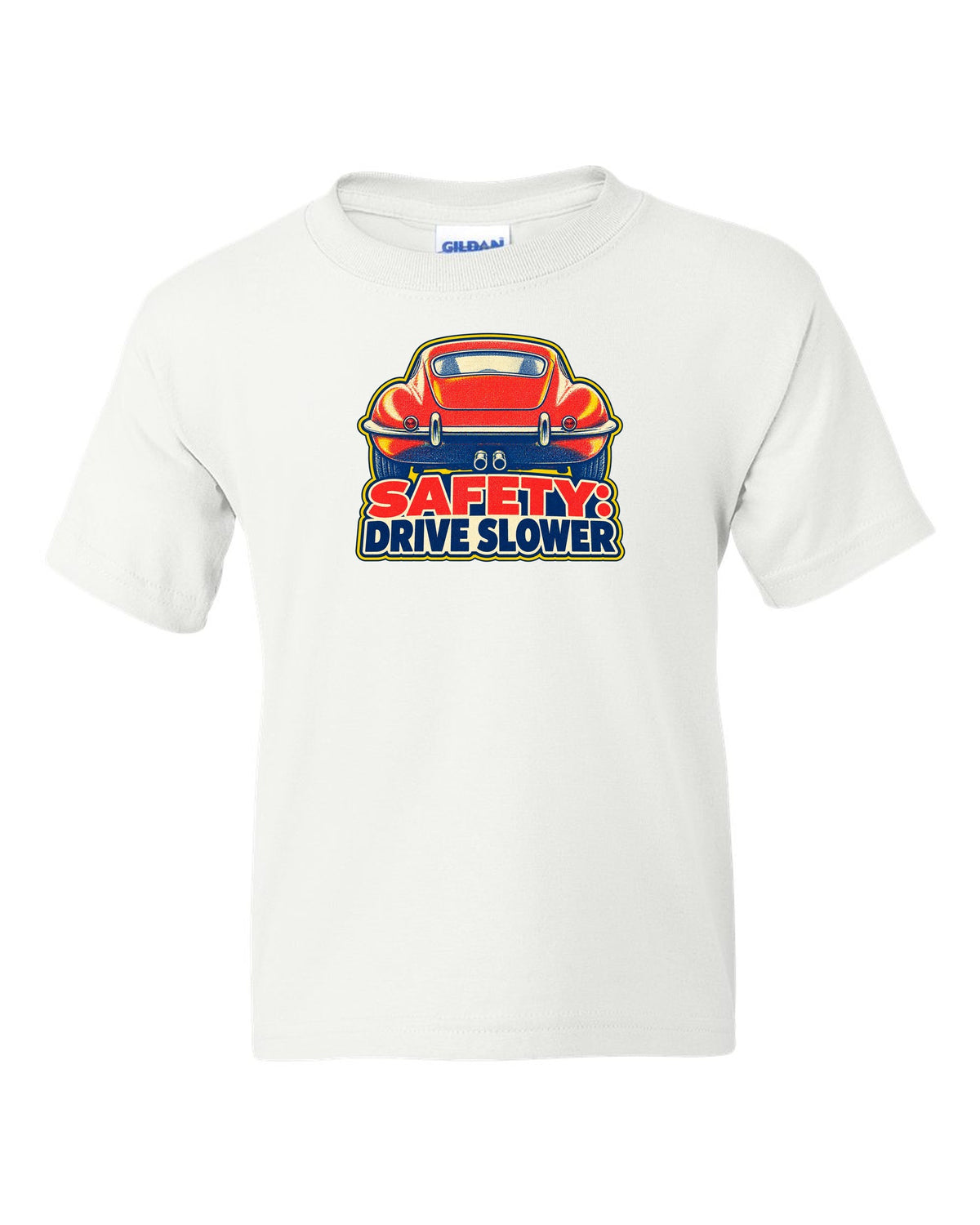 Jaguar E-Type Series 1 risograph print with SAFETY DRIVE SLOWER lettering white kids tee front view with the design