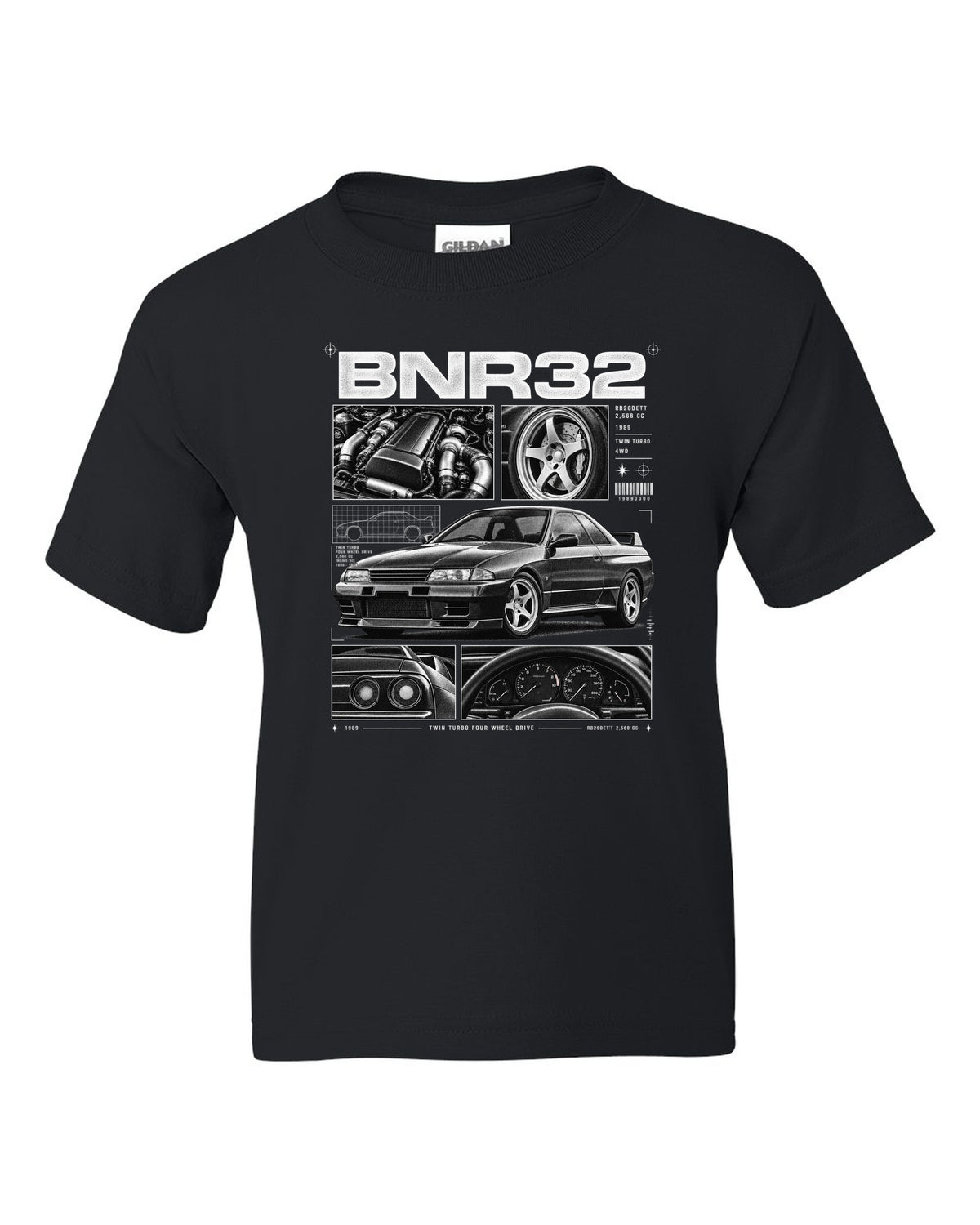 Dossier panel print of a Nissan Skyline GT-R R32 BNR32 with RB26DETT specs black kids tee front view with the design