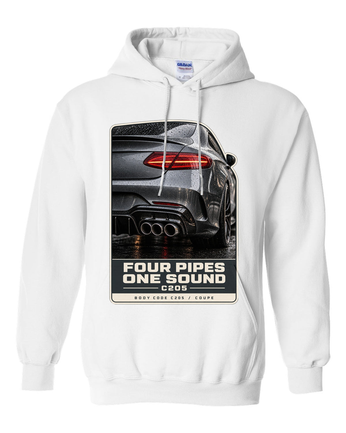 Mercedes-AMG C63 Coupe C205 rear taillight and four-pipe exhaust macro white pull over hoodie front view with the design