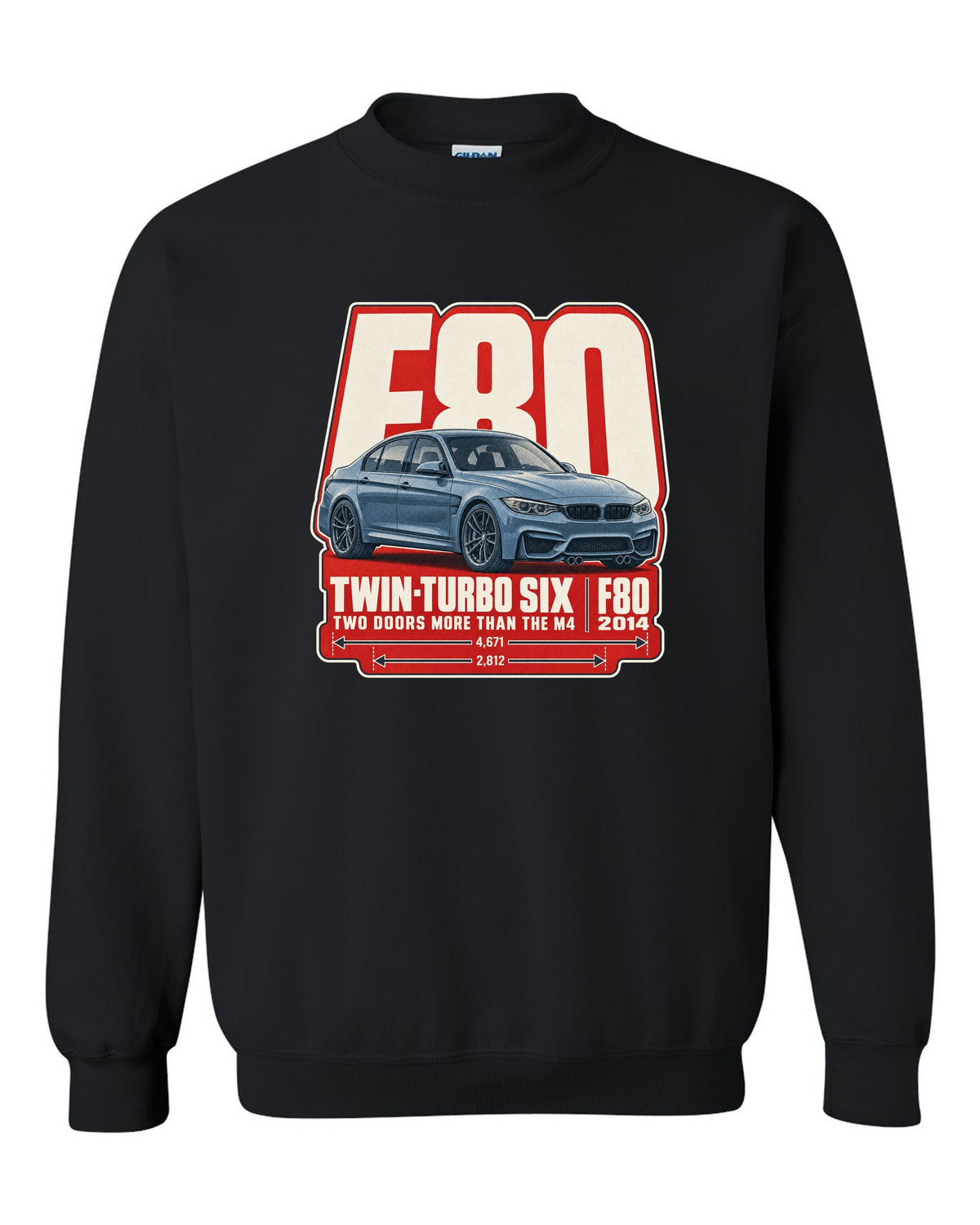 BMW M3 F80 halftone dot statement print black crewneck front view with the design