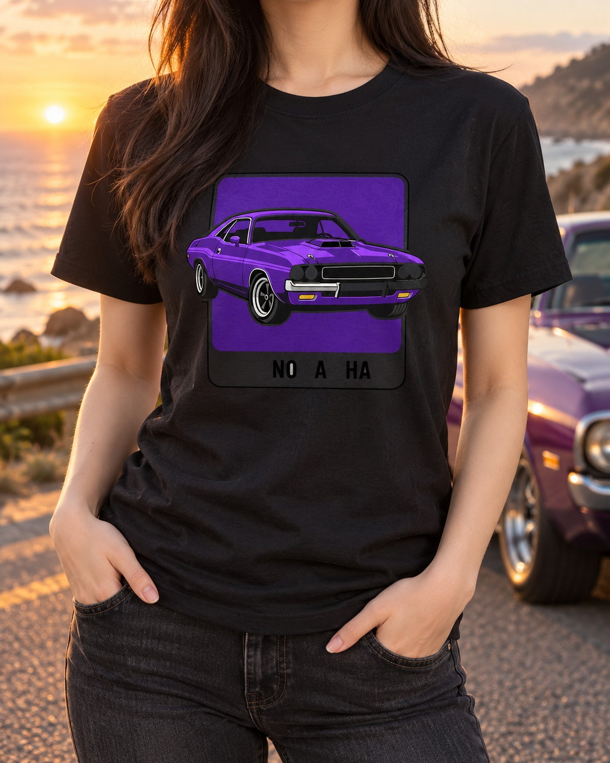 Plum Crazy 1970 Dodge Challenger R/T Colour Swatch Tee T-Shirt Black worn hero