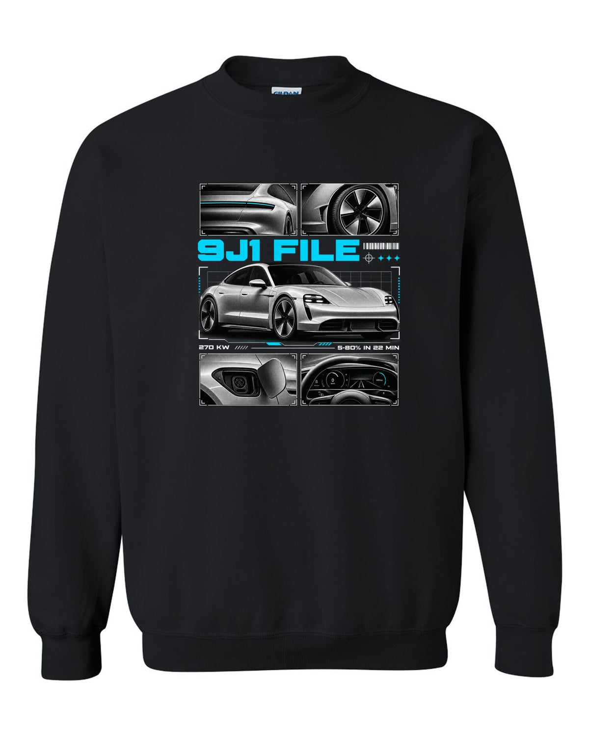 Porsche Taycan Turbo S 9J1 dossier panel design with charging figures black crewneck front view with the design