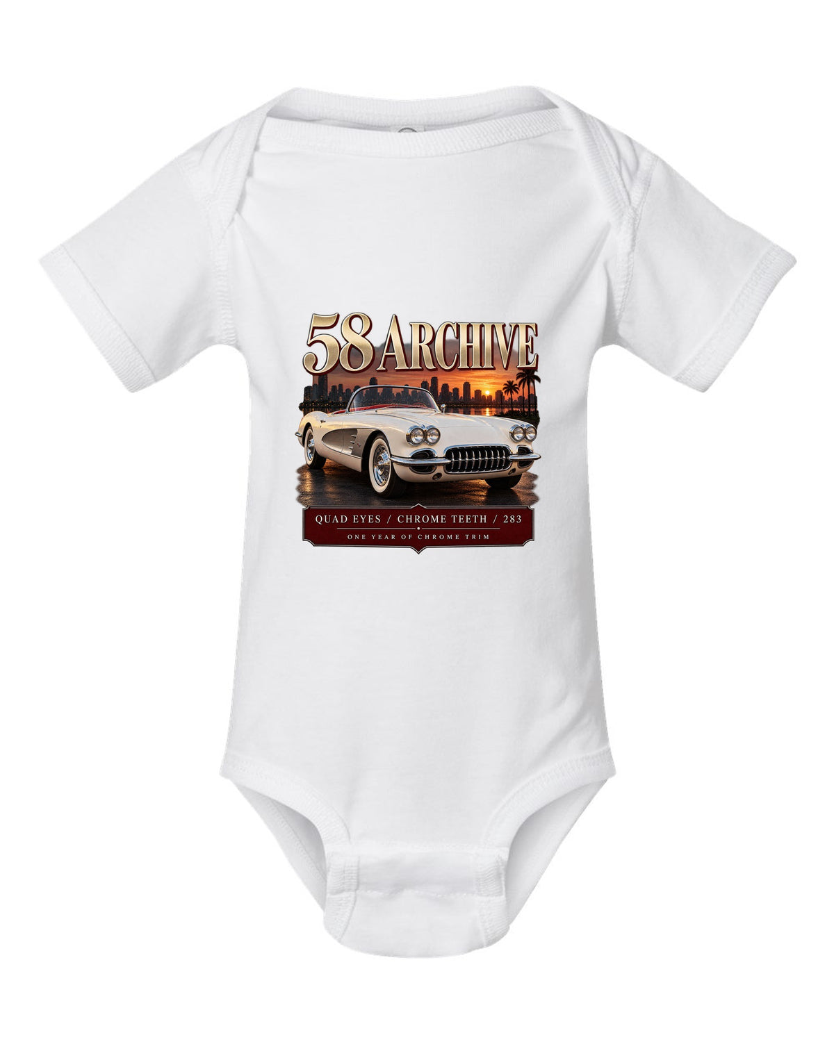 Chevrolet Corvette C1 1958 convertible archive panel print with quad headlights white baby onesie front view with the design