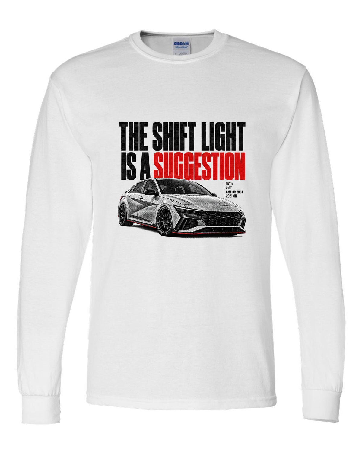 Halftone Hyundai Elantra N CN7 with the shift light is a suggestion text white long sleeve front view with the design