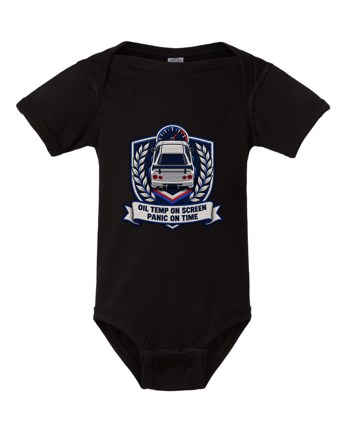 Embroidery-style shield crest print for the Nissan Skyline GT-R BNR34 with oil temp lettering black baby onesie front view with the design