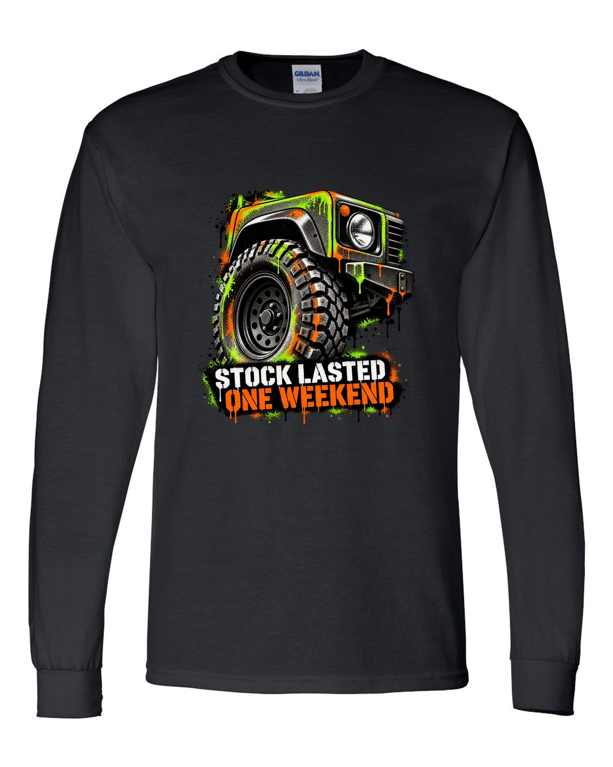 Jeep Wrangler TJ stencil spray street art design reading stock lasted one weekend black long sleeve front view with the design