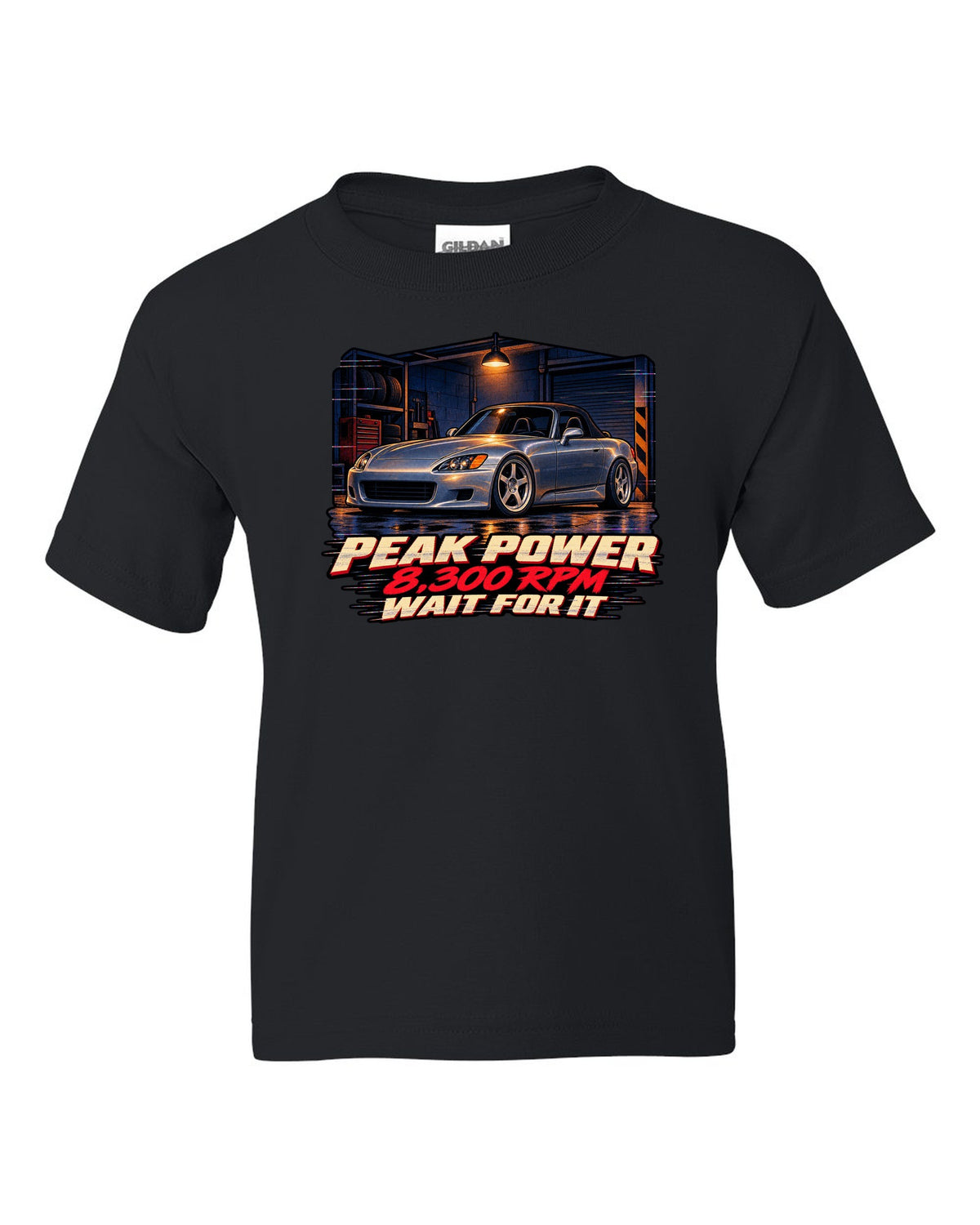 Lo-fi VHS cover style print of a Honda S2000 AP1 with 8,300 RPM wait for it text black kids tee front view with the design